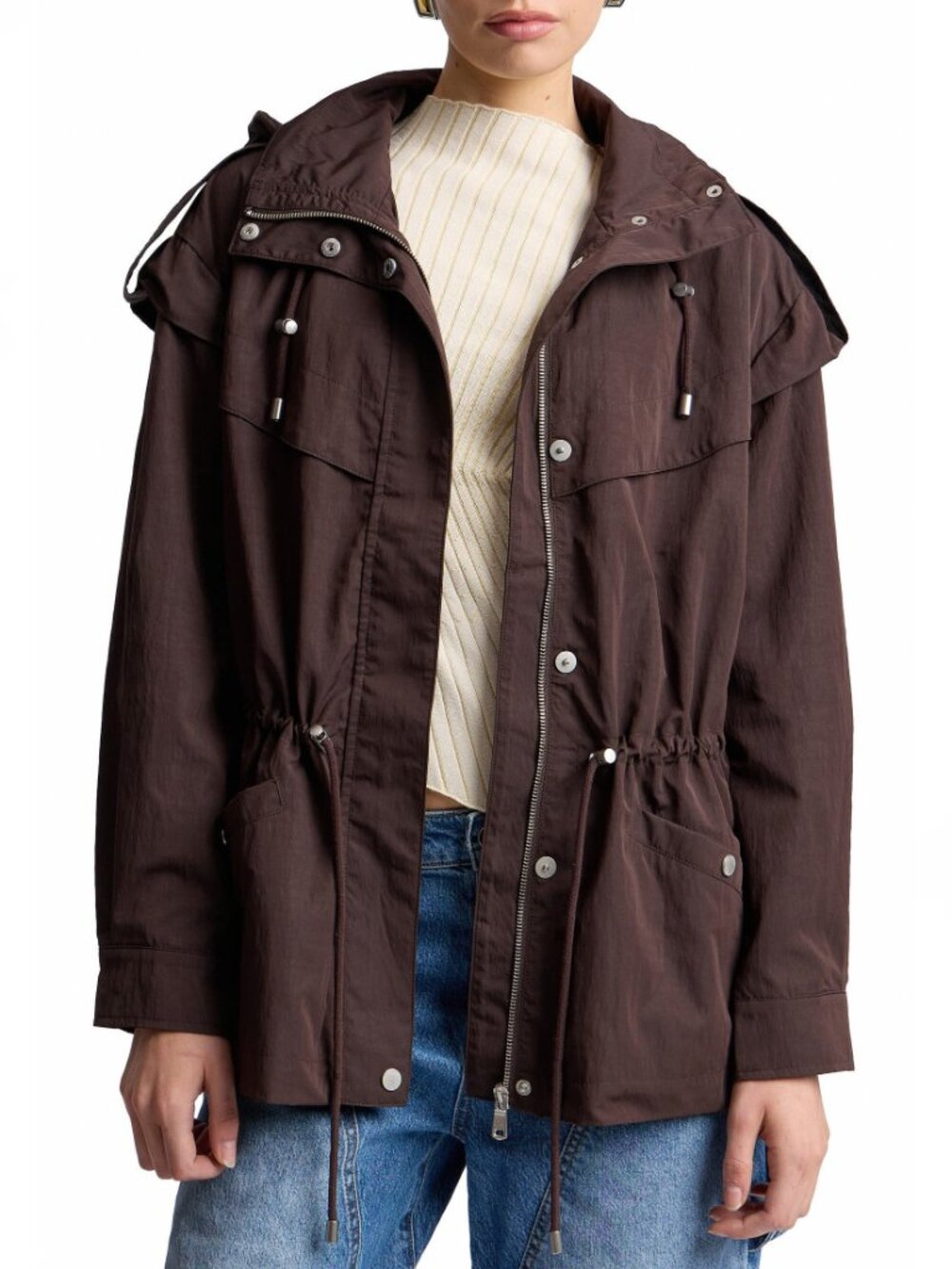 New Avec Les Filles Hooded Drawstring Anorak Espresso Brown XS $208